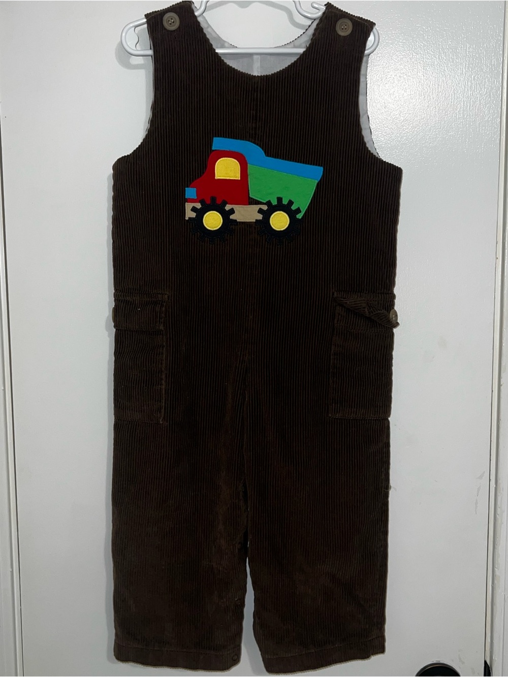 Kelly's Kids Brown Corduroy Overalls with Multicolor Truck Applique